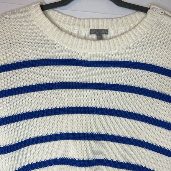 T By Talbots Womens Sweater Size MP Ivory Blue Green Stripes Thumb Hole Side Zip - Picture 2 of 13